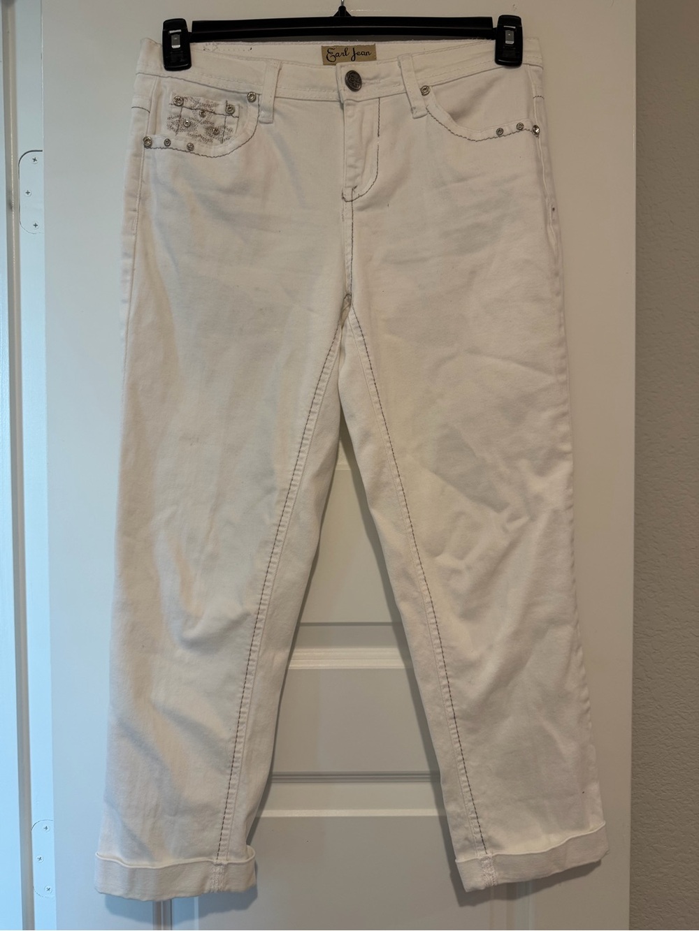 Earl Jean Size 6 White Rhinestone Cross Embroidered Jeans Y2K